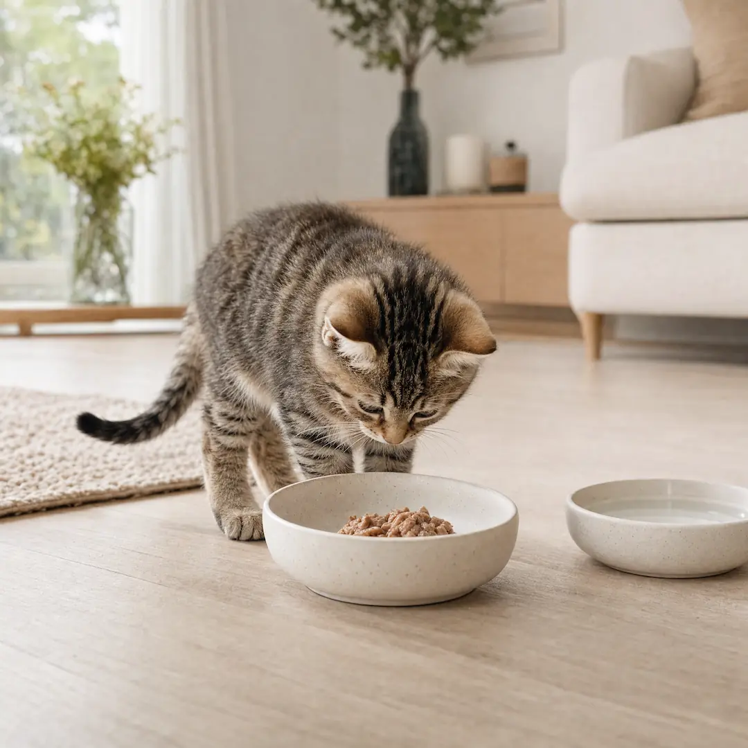 Kitten dat in een rustig thuis kennismaakt met kittenvoer