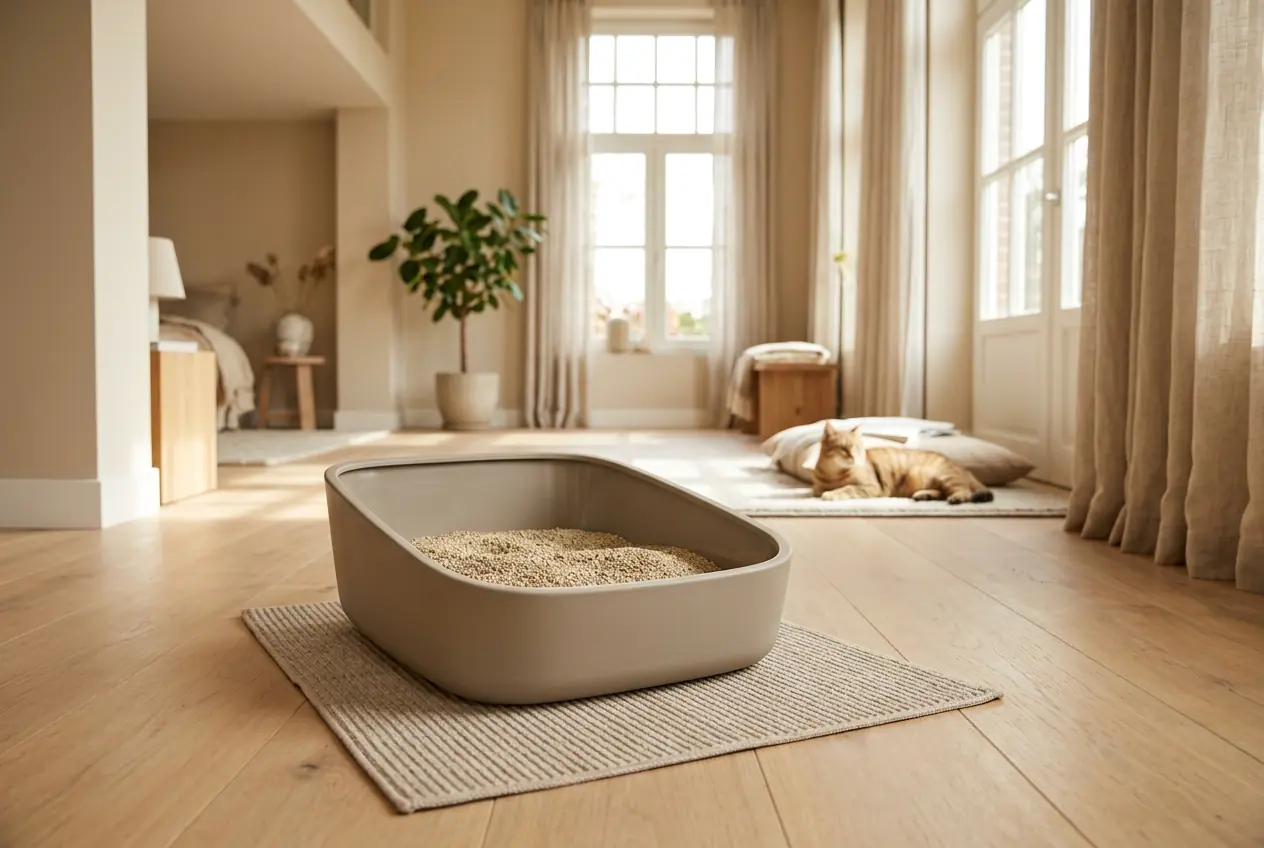 Schone open kattenbak met schep in een licht modern interieur, met een ontspannen kat op de achtergrond.