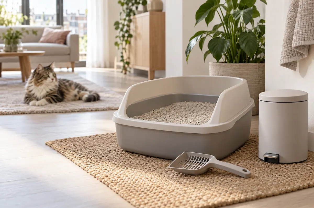 Kat bij een schone kattenbak met klontvormende kattenbakvulling