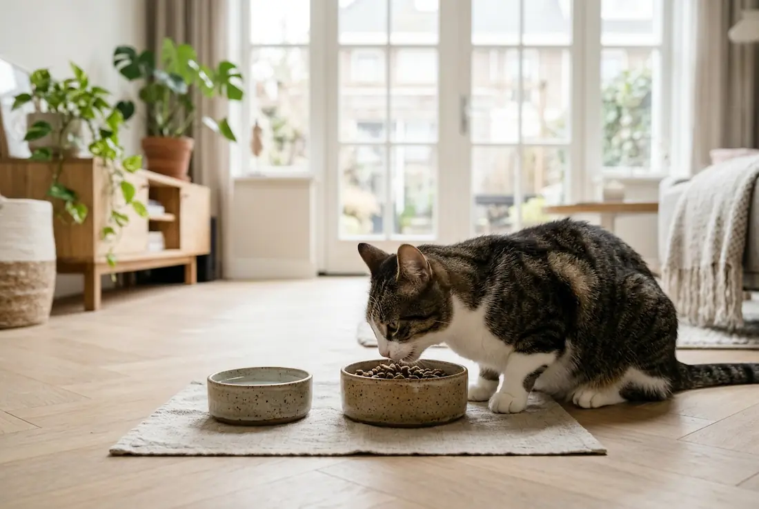 Gezonde kat die graanvrije kattenbrokken eet uit een keramische voerbak in een lichte woning.